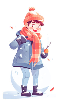 Boy in a jacket, hat and scarf on a white background, winter illustration.の素材