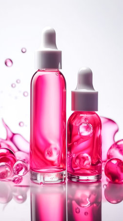 Skin care pink essence glass bottles on a white background, cosmetics, shopping and spa concept.の素材