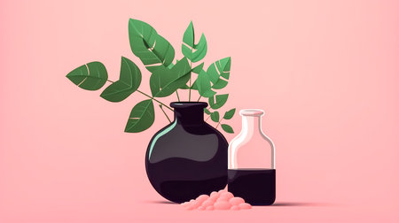 Laboratory equipment with bottle, plant, leaf, sprout, soil, biotechnology Lab concept biology research in chemistry.の素材