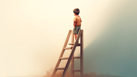 Conceptual illustration with a boy on a ladder, generative AI.の素材
