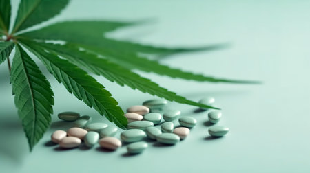 Marijuana leaves and medical pills, generative AI.の素材