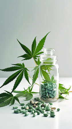 Marijuana leaves and medical pills, generative AI.の素材