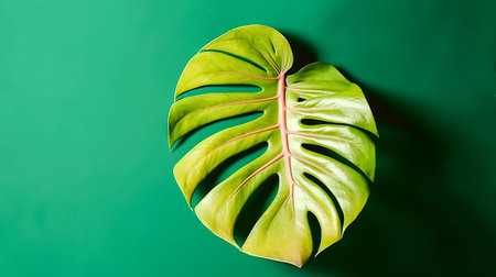 Monstera leaf on a green background, generative AI.の素材