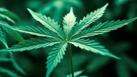 Marijuana leaf on a green background, close-up, generative AI.の素材
