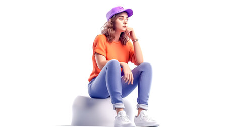 Thoughtful teenager girl in a cap on a white background, generative AI.の素材