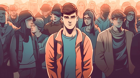 Sad young man in a crowd of people, generative AI.の素材