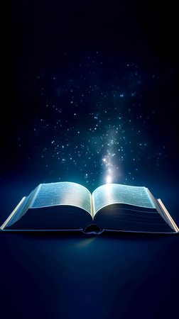 Open book bible and light on blue background, generative AI.の素材