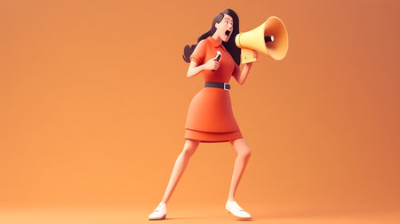 A woman speaks into a megaphone, generative AI.の素材