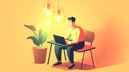 Man with laptop and light bulb, generative AI.の素材