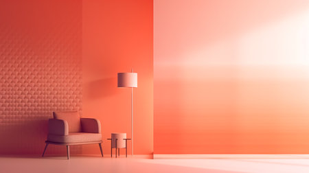 Conceptual red background with armchair and lamp, generative AI.の素材