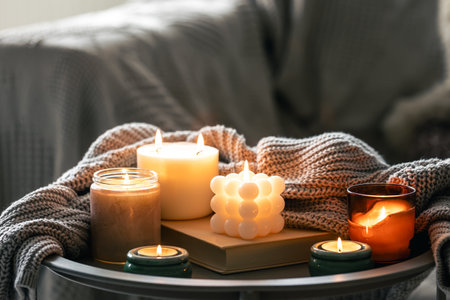 Cozy composition with burning candles in the interior of the room.の写真素材