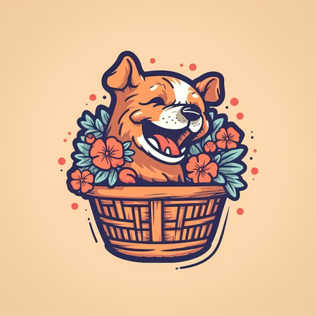 Funny dog in a basket with flowers, generative AI.の素材