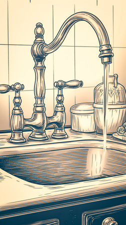 Vintage retro brass water faucet, generative AI.の素材