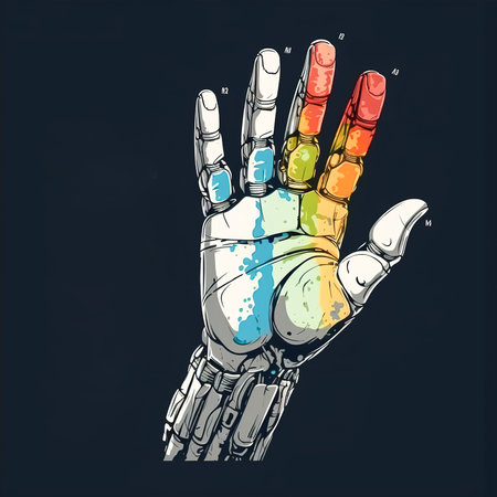 Robot hand stained with paint, generative AI.の素材