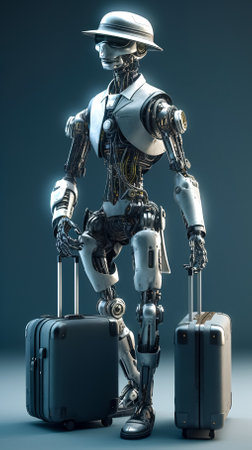 Humanoid robot with two travel bags, generative AI.の素材