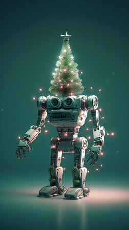 Robot Christmas tree decorated with Christmas balls, generative AI.の素材