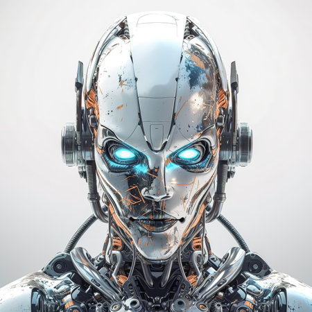 Cyborg face, rendered robot head close up, generative AI.の素材