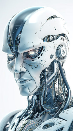 Cyborg face, rendered robot head close up, generative AI.の素材
