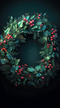 Christmas wreath made of berries and evergreens, generative AI.の素材