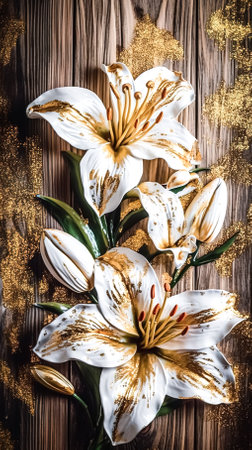 Lily flowers painted in oil on a wooden surface, generative AI.の素材
