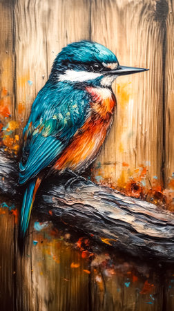 Little blue bird painted in oil on a wooden background, generative AI.の素材