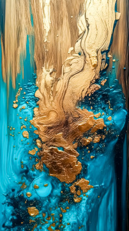 Abstract hand painted blue and golden paint canvas background, generative AI.の素材