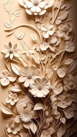 Beige floral background with paper flowers, generative AI.の素材