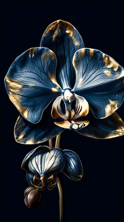 Gilded blue orchid on a black background, generative AI.の素材