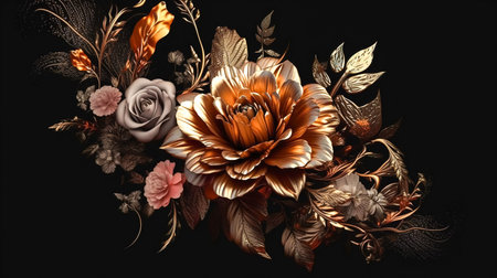 Golden flowers on a black background, generative AI.の素材