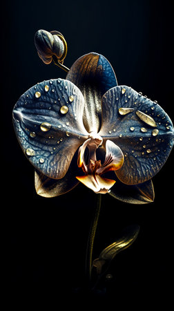 Gilded blue orchid on a black background, generative AI.の素材