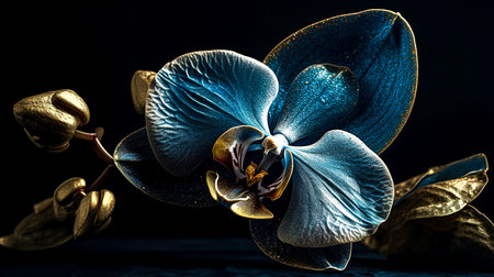 Gilded blue orchid on a black background, generative AI.の素材
