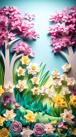 Flowers and trees, summer floral landscape made of paper, generative AI.の素材