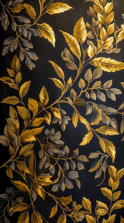 Golden leaves on a black background, generative AI.の素材