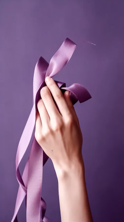 Hands holding purple ribbons on a purple background, generative AI.の素材