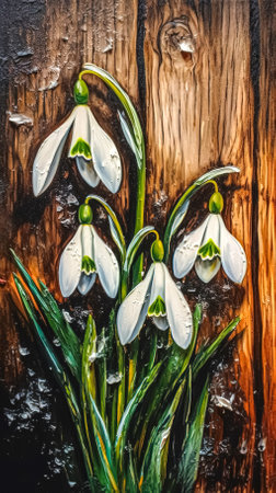 Snowdrops painted on a wooden surface, generative AI.の素材