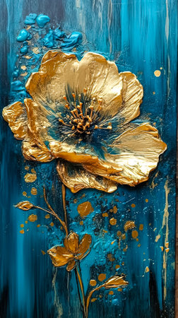 Golden flower painted in oil on a blue surface, generative AI.の素材