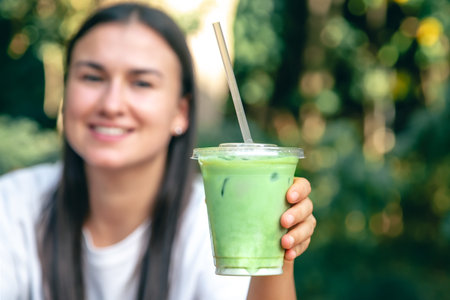 Iced matcha latte in a plastic cup in hands of a woman.の写真素材