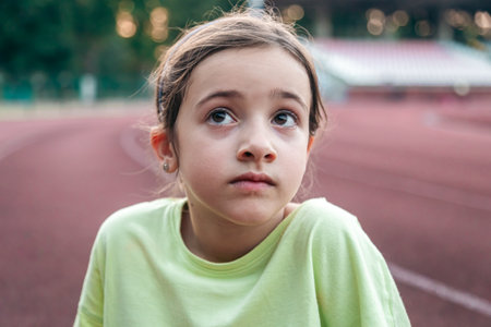 Portrait of a tired little girl at the stadium.の写真素材