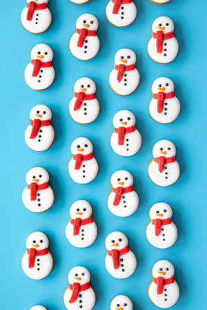 Gingerbread snowmen covered with icing on a blue background, flat lay.