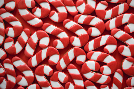 A lot of gingerbread candy cane shaped cookies, flat lay.の写真素材