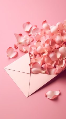 Envelope and rose petals on a pink background, generative AI.の素材
