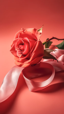 Rose and ribbon on a red background, generative AI.の素材