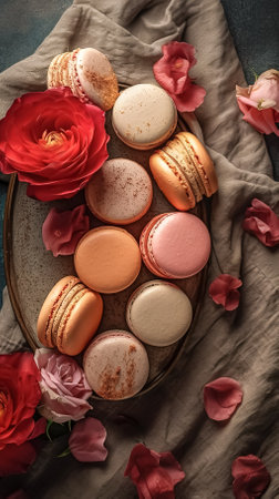 Still life with macaroons and flowers, top view, generative AI.の素材