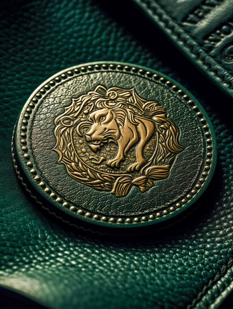 Vintage metal lion head emblem, generative AI.の素材