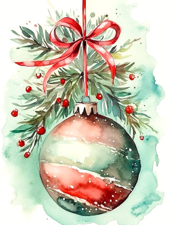 Christmas tree ball drawn in watercolor isolated.の素材