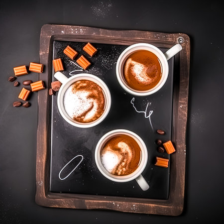 Three cups of coffee with milk on a dark background, top view.の素材