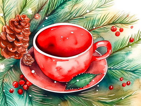 Christmas red tea cup decorated with conifer twigs.の素材