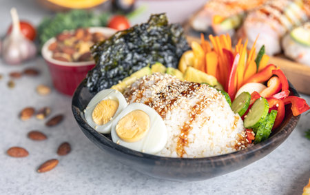 Homemade bowl with rice, vegetables and eggs, close up.の写真素材