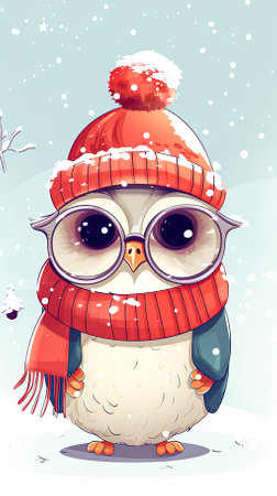 Cartoon owl with a red hat and scarf.の素材