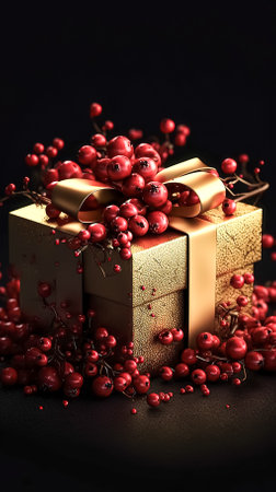 Christmas gift box and red berries, close up.の素材